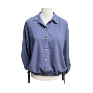 BCX Button-Front Blouse Roll Tab Sleeves Dusty Blue Medium